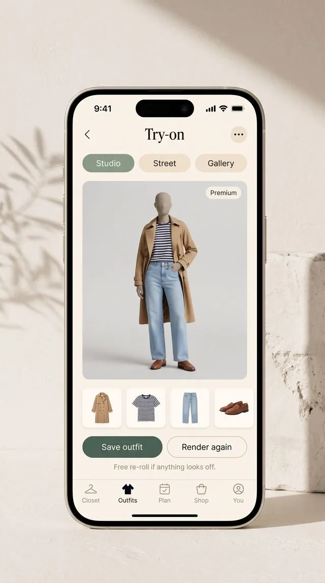 Plinth try-on render: a faceless mannequin wearing a camel trench coat, striped tee, light jeans and brown loafers, with the four items shown below.